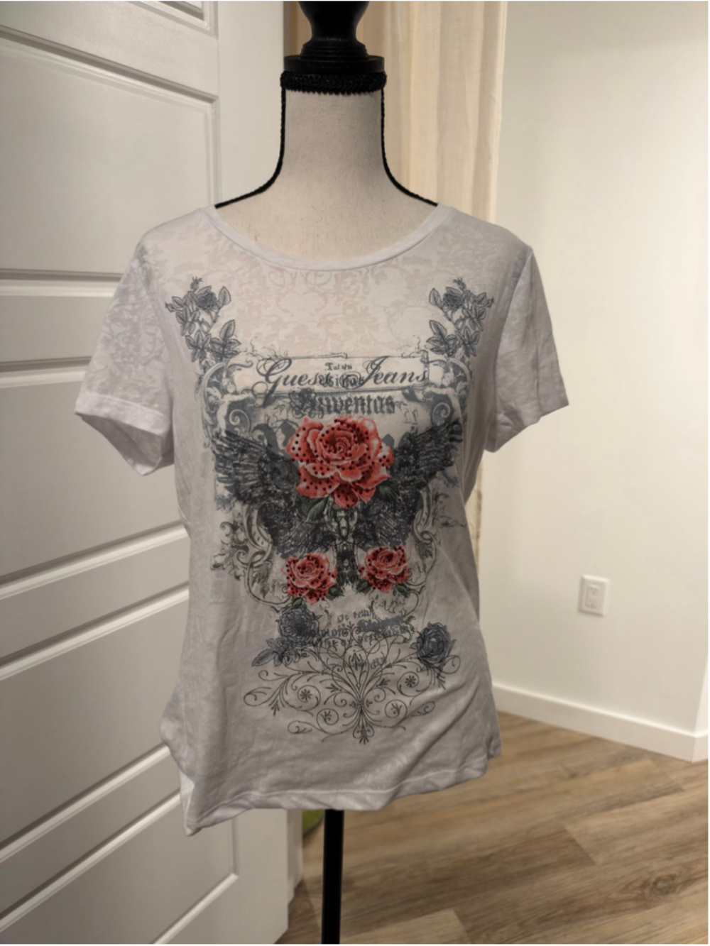 Vintage Guess Short Sleeve Graphic Tee Rose Wing Rhinestone Spiral Y2K Rare XL